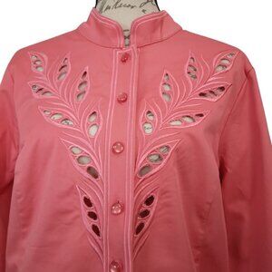 Bob Mackie Wearable Art | Coral Pink Shirt Jacket Embroidered | Size L